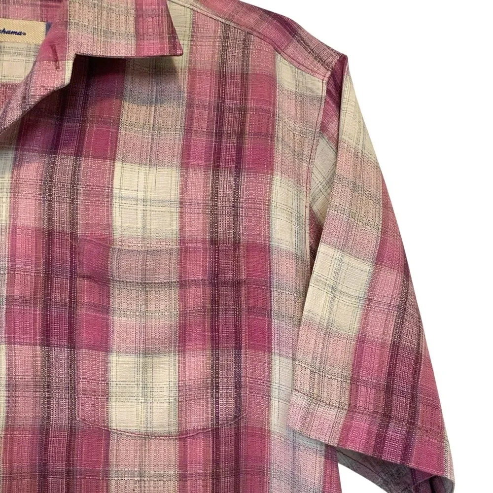 Tommy Bahama 100% Silk Mens Plaid Button-Front Shirt Pink/Cream w/Brown Buttons